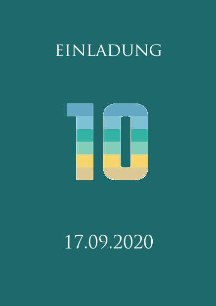 Online Einladungskarte zum 10. Jahrestag mit einer animierenden großen Zahl 10 animierend in verschiedenen Blau, Grün und Gelbtönen. Grün.