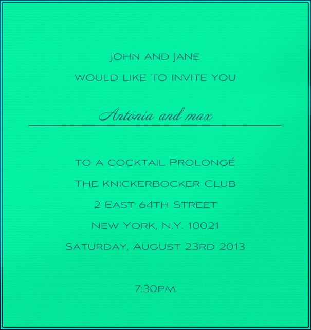 Grüne Neon Einladungskarte in Hochkantformat mit hell blauem Rahmen inklusive gestrichelter Linie unter dem Empfängernamen für die persönliche Anrede.