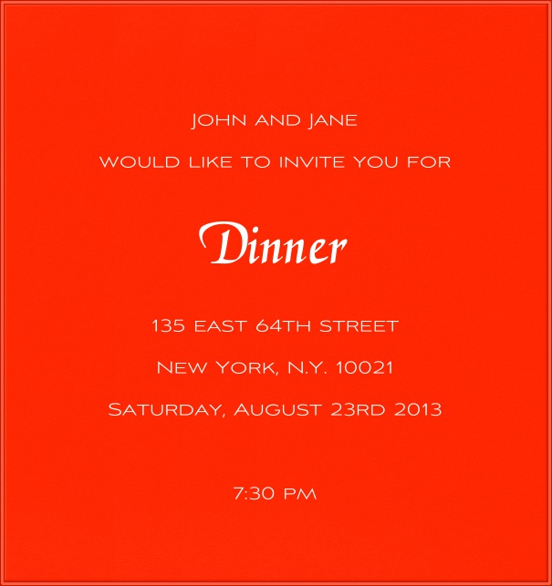Rote Neon Einladungskarte in Hochkantformat mit orangenem Rahmen.