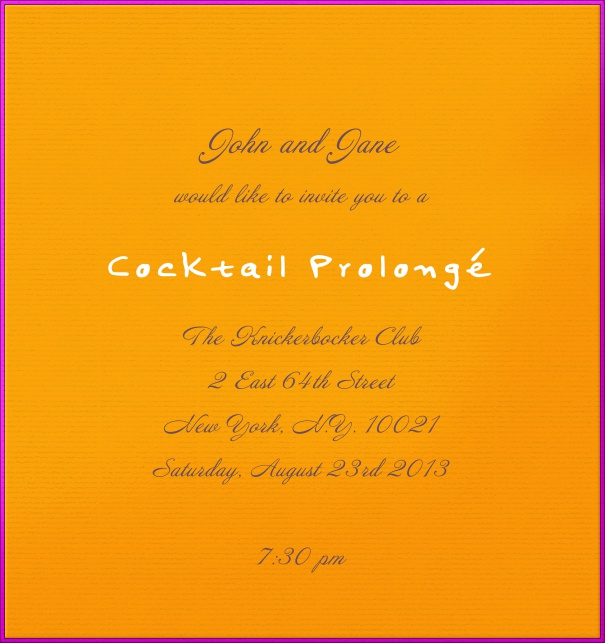 Orange Neon Einladungskarte in Hochkantformat mit Lila Rahmen.