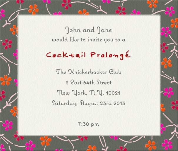 Weisse Einladungskarte mit grauem Rahmen mit Blumenmuster.