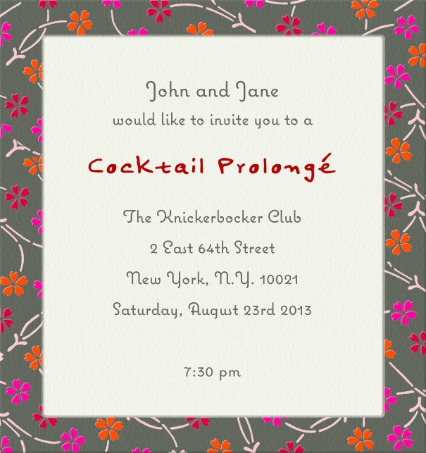 Weisse Einladungskarte mit grauem Rahmen mit Blumenmuster.
