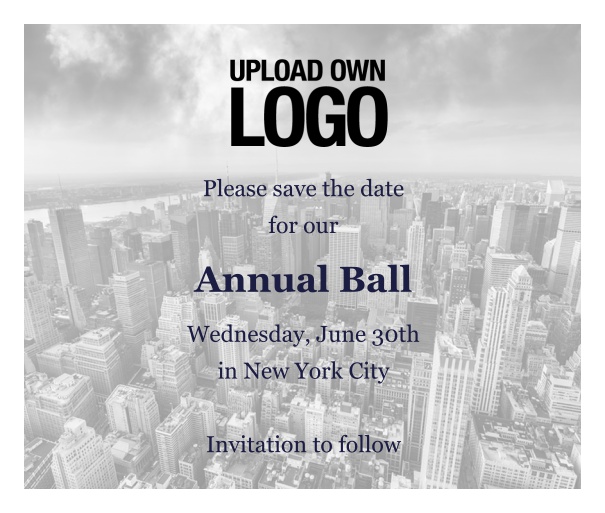 Online Save the Date template for corporate events and annual ball with city landscape background and text box in the middle with space to upload own logo.