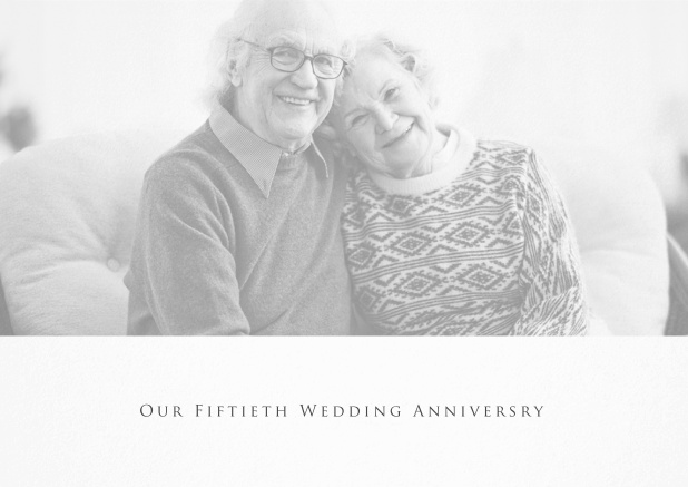 White anniversary invitation card with photo and text.