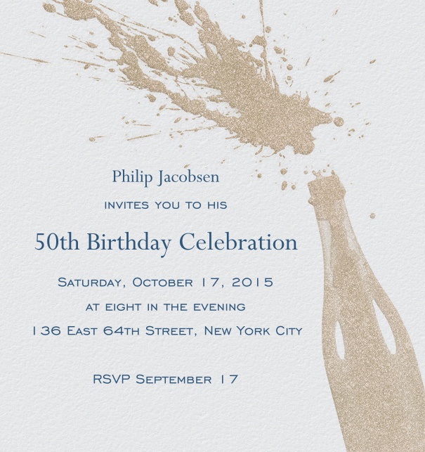 Online invitation card with champagne bottle pop and splash.