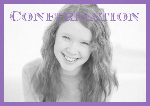 Confirmation invitation card with customizable color and Confirmation text on photo front. Purple.