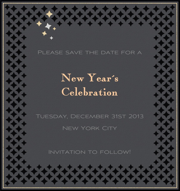 High FOrmat Grey Party Save the Date Card with Silver Border and Black Star Border.