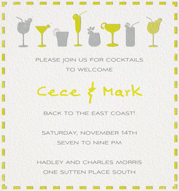 Weiße Einladungskarte zur Cocktailparty mit gelb-grauen Cocktailgläsern und passendem Text.