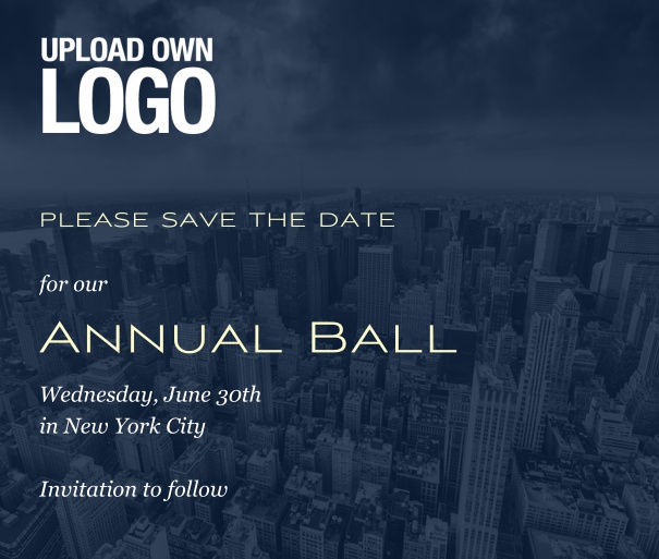 Square Save the Date template for corporate events and annual ball with dark city landscape and  text box in the middle with space on the top to upload own logo.