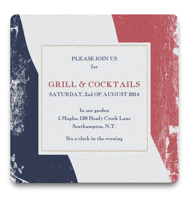 Online Einladungskarte zum Grillen und zu Cocktails mit französischer Flagge als Hintergrund und weißem Textfeld.