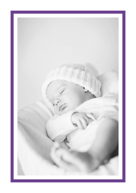 Helle Online Geburtsanzeige mit Fotofeld und rosa Rahmen und 2. Seite für editierbaren Text. Lila.