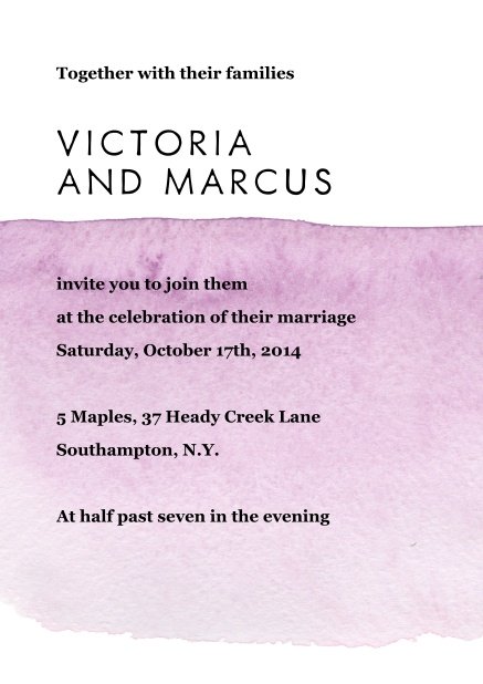 Online Wedding invitation card with purple watercolor behind text.