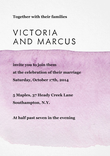 Wedding invitation card with purple watercolor behind text.