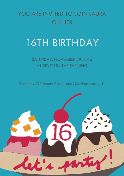 Online invitation with ice cream and cherry on top for 16th birthday.