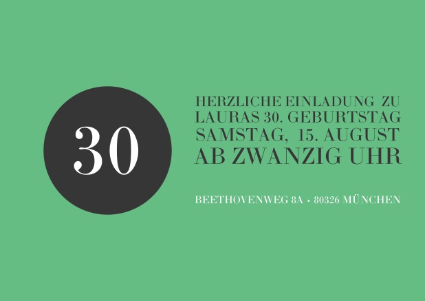 Online Einladung in grün mit schwarzem Kreis zum 30. Geburtstag.