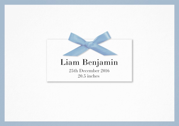 Birth announcement with PRINTED blue ribbon and matching blue border and photo on the inside.