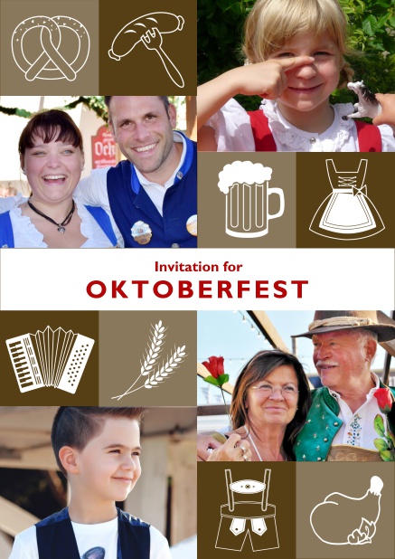 Online Oktoberfest invitation card with Oktoberfest images and photo fields to add own photos. Brown.