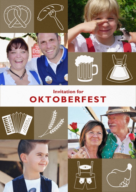 Oktoberfest invitation card with Oktoberfest images and photo fields to add own photos. Brown.