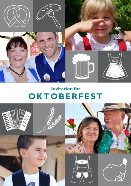 Online Oktoberfest invitation card with Oktoberfest images and photo fields to add own photos. Grey.