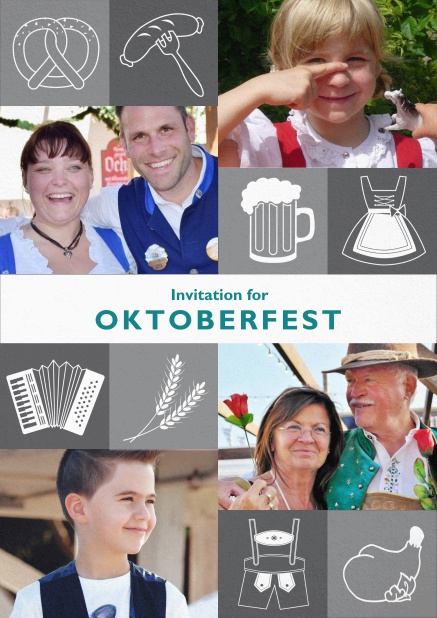 Oktoberfest invitation card with Oktoberfest images and photo fields to add own photos. Grey.