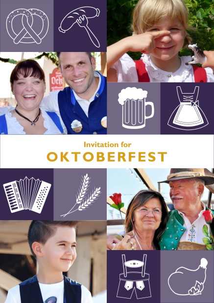 Online Oktoberfest invitation card with Oktoberfest images and photo fields to add own photos. Purple.