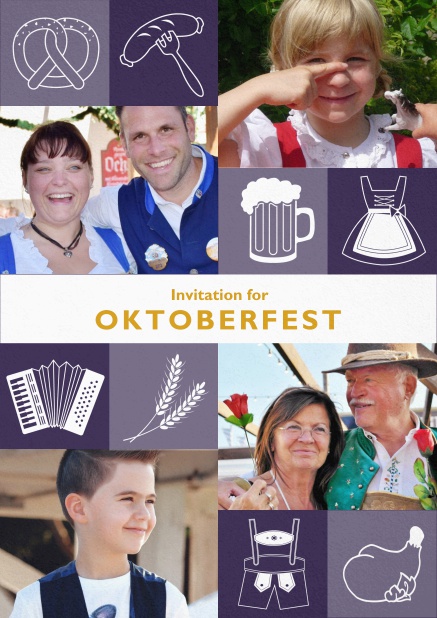 Oktoberfest invitation card with Oktoberfest images and photo fields to add own photos. Purple.