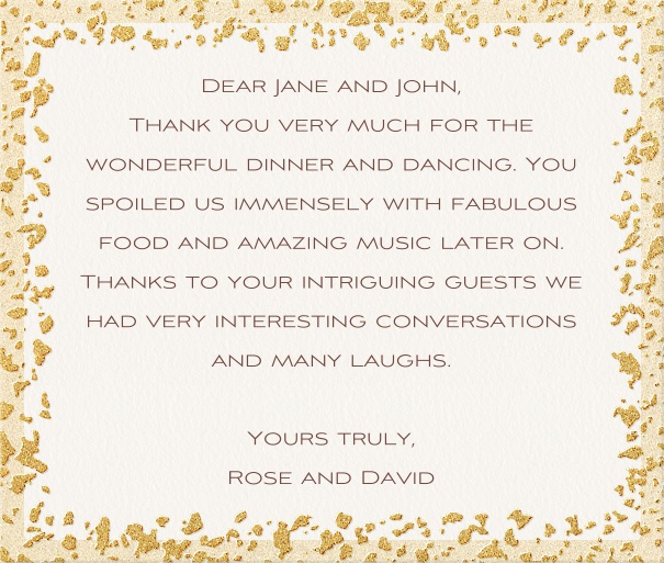 White Formal Thank you Card with Gold Flake Border.