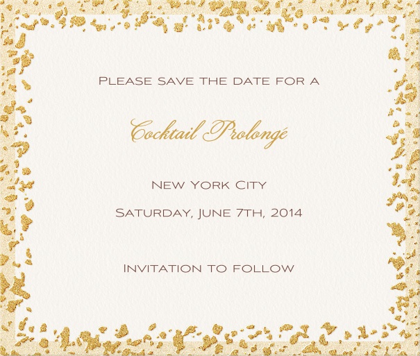 White Formal Wedding Save the Date Card with Gold Flaked Border.