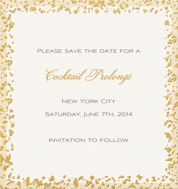 High White Formal Wedding Save the Date Card with Gold Flaked Border.