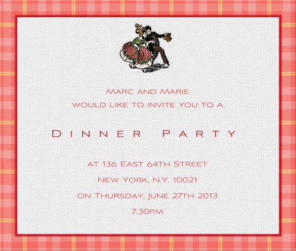 Tan dinner invitation Card with red Plaid border and dancing partner.