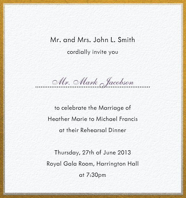 High Format White Formal Party Invitation Card with Gold Frame.