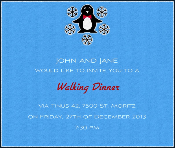 Light Blue winter seasonal invitation template with Penguin and black border.
