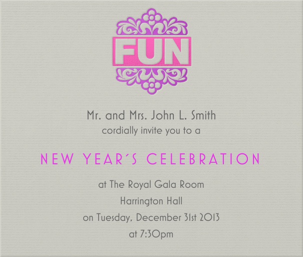Graue Feste Einladungskarte in Quadratformat mit buntem FUN Image mitte oben auf der Karte. Inklusive passender Text in grau und lila.