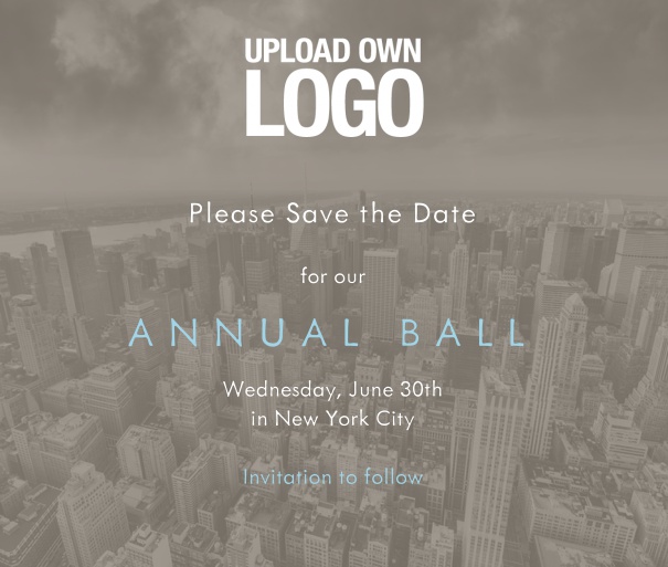 Online invitation template for corporate events and annual ball with dark city landscape background and text box in the middle with space to upload own logo.