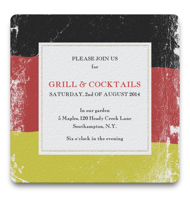 Online Einladungskarte zum Grillen und zu Cocktails mit deutscher Flagge als Hintergrund und weißem Textfeld.