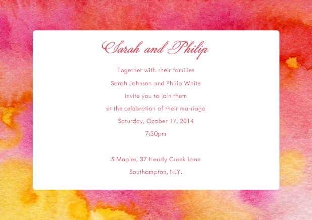 Online Wedding invitation card with orange and red watercolor frame.