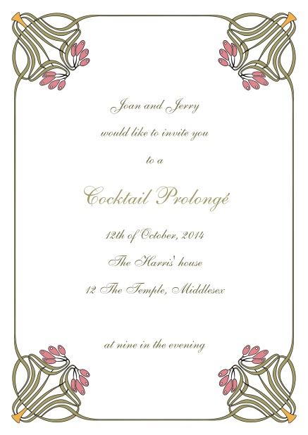 Online wedding invitation card with floral art deco design.