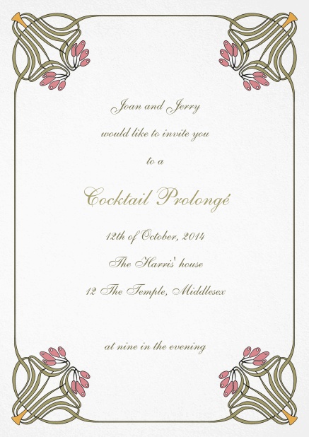 Wedding invitation card with floral art deco design.