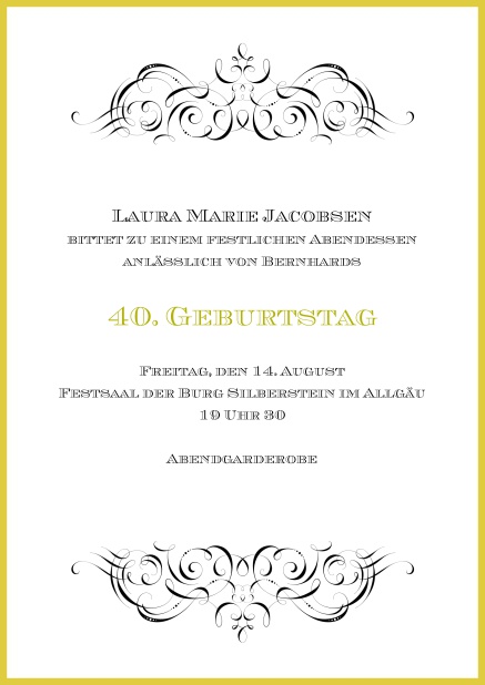 Online Einladung mit Ornamenten oben und unten zum 40. Geburtstag.