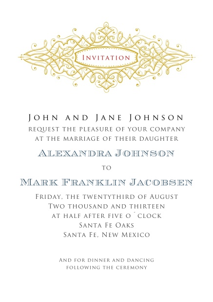 Formal Invitation card in portrait format for weddings and precious birthday invitations.