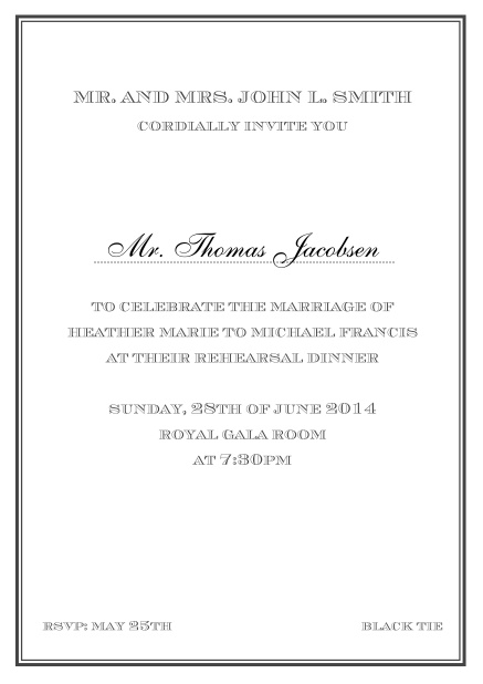 Online classic invitation card in Avignon design with fine single color frame. Black.