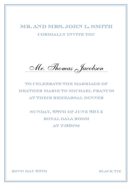 Online classic invitation card in Avignon design with fine single color frame. Blue.