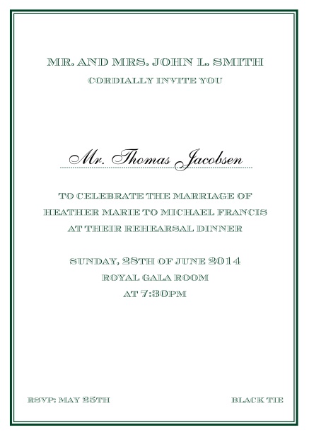 Online classic invitation card in Avignon design with fine single color frame. Green.