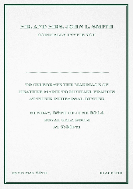 Classic invitation card in Avignon design with fine single color frame. Green.