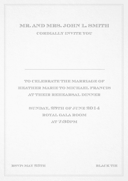 Classic invitation card in Avignon design with fine single color frame. Grey.