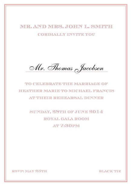 Online classic invitation card in Avignon design with fine single color frame. Pink.