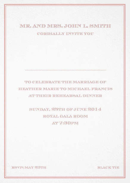 Classic invitation card in Avignon design with fine single color frame. Pink.