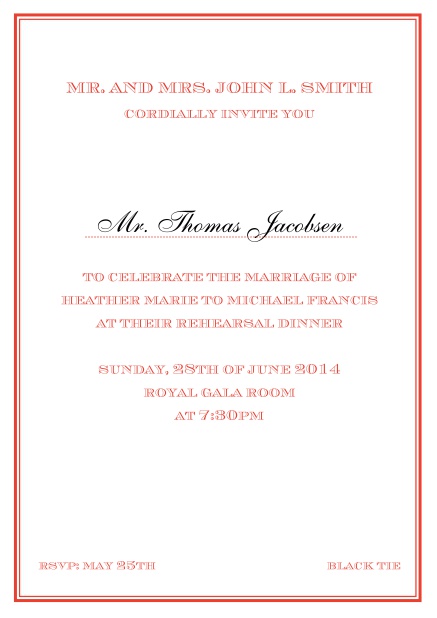 Online classic invitation card in Avignon design with fine single color frame. Red.