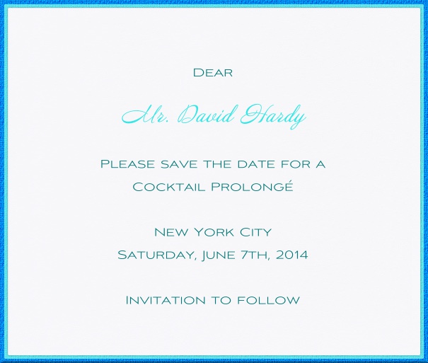 White Formal Save the Date Wedding Card with Blue Border.