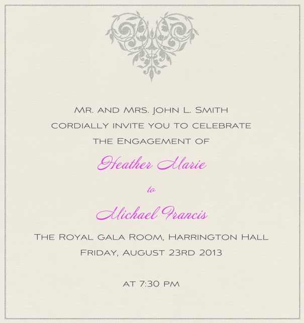 Graufarbene Hochzeitseinladungskarte mit grauem Rand und elegantem Blätterdesign in Herzform.